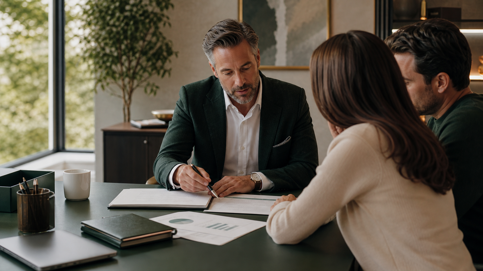 Professional advisor consultation with planning documents and financial charts